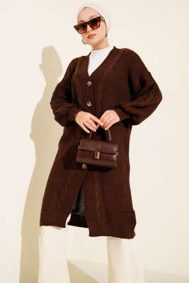 Sarmal Detaylı Düğmeli Uzun Triko Hırka Kahve - Thumbnail