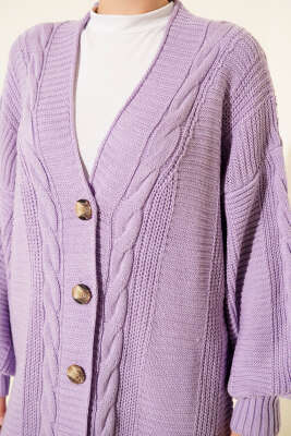 Sarmal Detaylı Düğmeli Uzun Triko Hırka Lila - Thumbnail