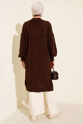 Sarmal Detaylı Düğmeli Uzun Triko Hırka Kahve - Thumbnail