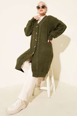 Sarmal Detaylı Düğmeli Uzun Triko Hırka Haki - Thumbnail