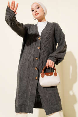 Sarmal Detaylı Düğmeli Uzun Triko Hırka Füme - Thumbnail