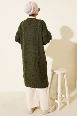 Sarmal Detaylı Düğmeli Uzun Triko Hırka Haki - Thumbnail