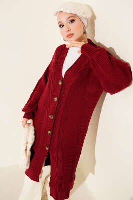 Sarmal Detaylı Düğmeli Uzun Triko Hırka Bordo - Thumbnail