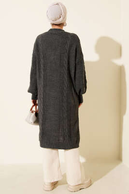 Sarmal Detaylı Düğmeli Uzun Triko Hırka Füme - Thumbnail