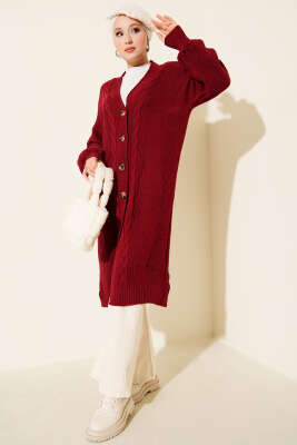 Sarmal Detaylı Düğmeli Uzun Triko Hırka Bordo - Thumbnail