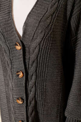 Sarmal Detaylı Düğmeli Uzun Triko Hırka Füme - Thumbnail