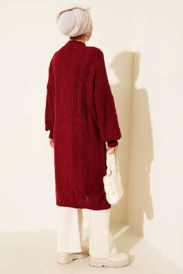 Sarmal Detaylı Düğmeli Uzun Triko Hırka Bordo - Thumbnail