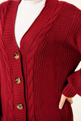 Sarmal Detaylı Düğmeli Uzun Triko Hırka Bordo - Thumbnail