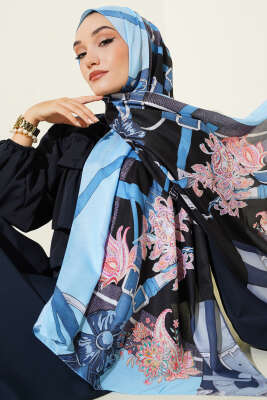 Pazarium - Kemer Desenli Soft Şal Siyah Mavi