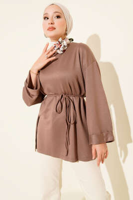 Pazarium - Loyşa Yan Yırtmaçlı Kuşaklı Tunik Vizon