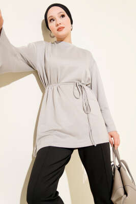 Pazarium - Loyşa Bilek İp Bağlamalı Tunik Gri