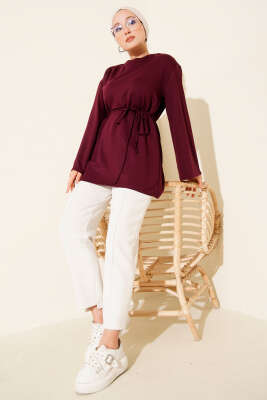 Loyşa Geniş Kollu İp Kuşaklı Tunik Vişne - Thumbnail