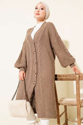 Sarmal Detaylı Düğmeli Uzun Triko Hırka Vizon - Thumbnail