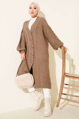 Sarmal Detaylı Düğmeli Uzun Triko Hırka Vizon - Thumbnail