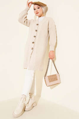 Sarmal Detaylı Düğmeli Uzun Triko Hırka Taş - Thumbnail