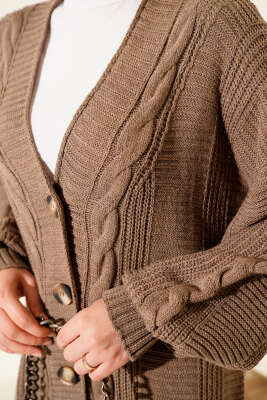 Sarmal Detaylı Düğmeli Uzun Triko Hırka Vizon - Thumbnail