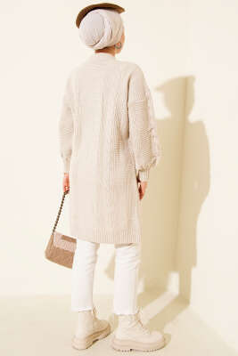 Sarmal Detaylı Düğmeli Uzun Triko Hırka Taş - Thumbnail