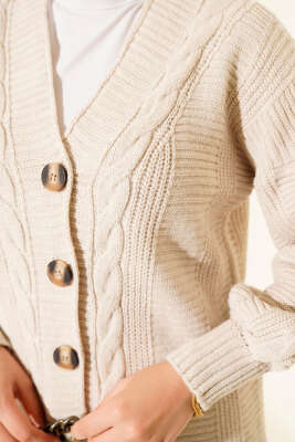 Sarmal Detaylı Düğmeli Uzun Triko Hırka Taş - Thumbnail