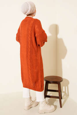 Sarmal Detaylı Düğmeli Uzun Triko Hırka Oranj - Thumbnail