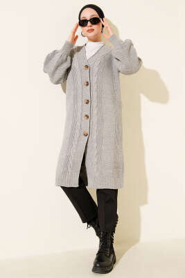 Sarmal Detaylı Düğmeli Uzun Triko Hırka Gri - Thumbnail