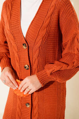 Sarmal Detaylı Düğmeli Uzun Triko Hırka Oranj - Thumbnail