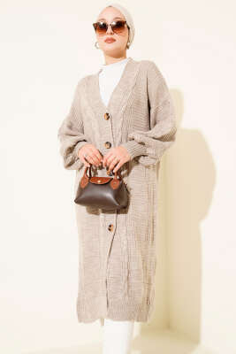 Sarmal Detaylı Düğmeli Uzun Triko Hırka Bej - Thumbnail