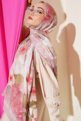 Çiçekli Bambu Kraş Şal Sütlü Kahve - Thumbnail