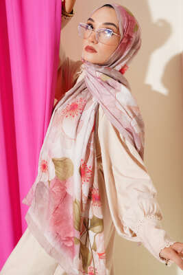 Çiçekli Bambu Kraş Şal Sütlü Kahve - Thumbnail