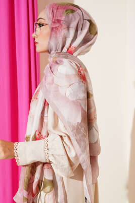 Çiçekli Bambu Kraş Şal Sütlü Kahve - Thumbnail