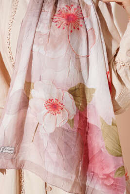 Çiçekli Bambu Kraş Şal Sütlü Kahve - Thumbnail