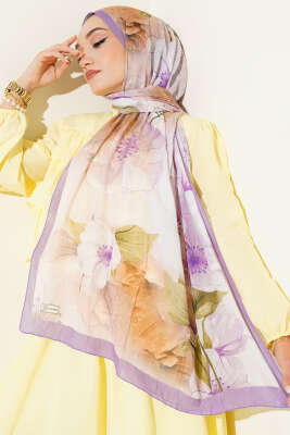 Çiçekli Bambu Kraş Şal Lila - Thumbnail