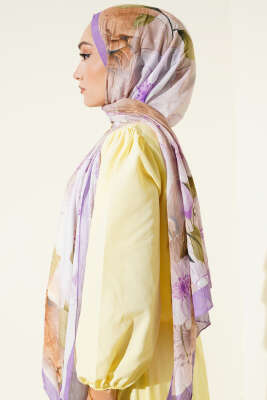 Çiçekli Bambu Kraş Şal Lila - Thumbnail