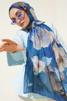 Çiçekli Bambu Kraş Şal Lacivert - Thumbnail