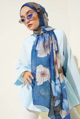 Çiçekli Bambu Kraş Şal Lacivert - Thumbnail