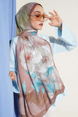 Çiçekli Bambu Kraş Şal Kahve - Thumbnail