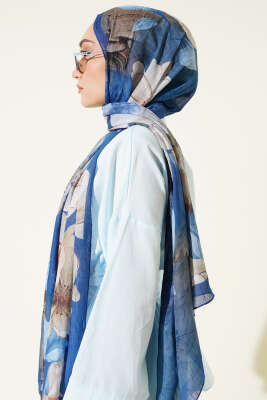 Çiçekli Bambu Kraş Şal Lacivert - Thumbnail