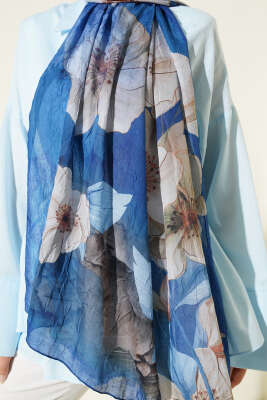 Çiçekli Bambu Kraş Şal Lacivert - Thumbnail