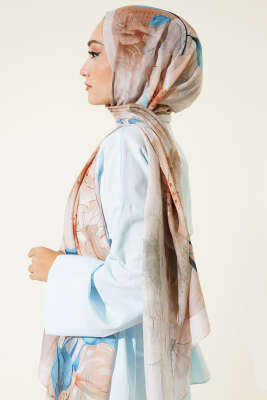 Çiçekli Bambu Kraş Şal Bej - Thumbnail