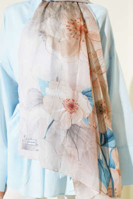 Çiçekli Bambu Kraş Şal Bej - Thumbnail