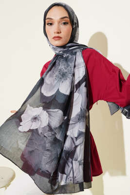 Çiçekli Bambu Kraş Şal Antrasit - Thumbnail