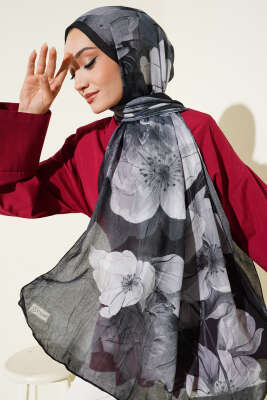 Çiçekli Bambu Kraş Şal Antrasit - Thumbnail