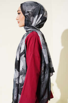 Çiçekli Bambu Kraş Şal Antrasit - Thumbnail