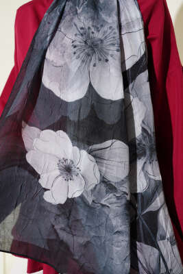 Çiçekli Bambu Kraş Şal Antrasit - Thumbnail