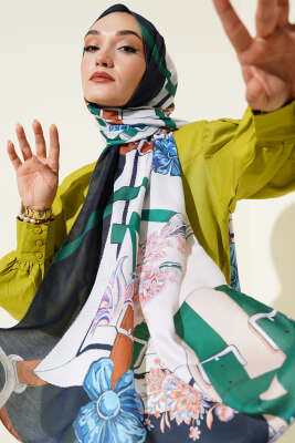 Pazarium - Kemer Desenli Soft Şal Lacivert Bej