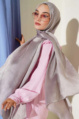 Pazarium - Paisley Desen Shine Line Şal Vizon