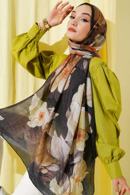 Çiçekli Bambu Kraş Şal Siyah - Thumbnail