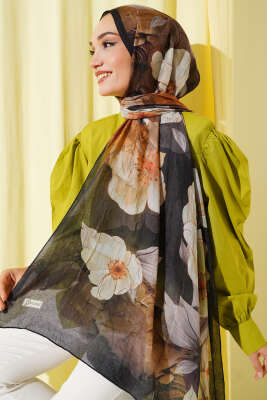 Çiçekli Bambu Kraş Şal Siyah - Thumbnail