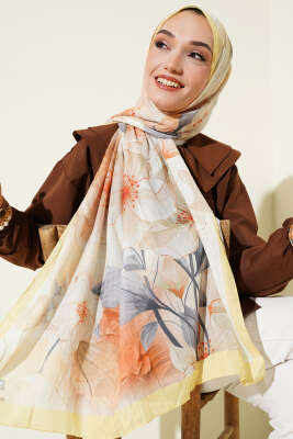 Çiçekli Bambu Kraş Şal Sarı - Thumbnail