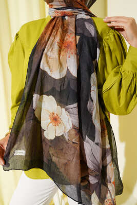 Çiçekli Bambu Kraş Şal Siyah - Thumbnail