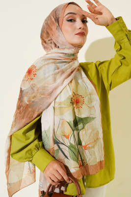 Çiçekli Bambu Kraş Şal Latte - Thumbnail